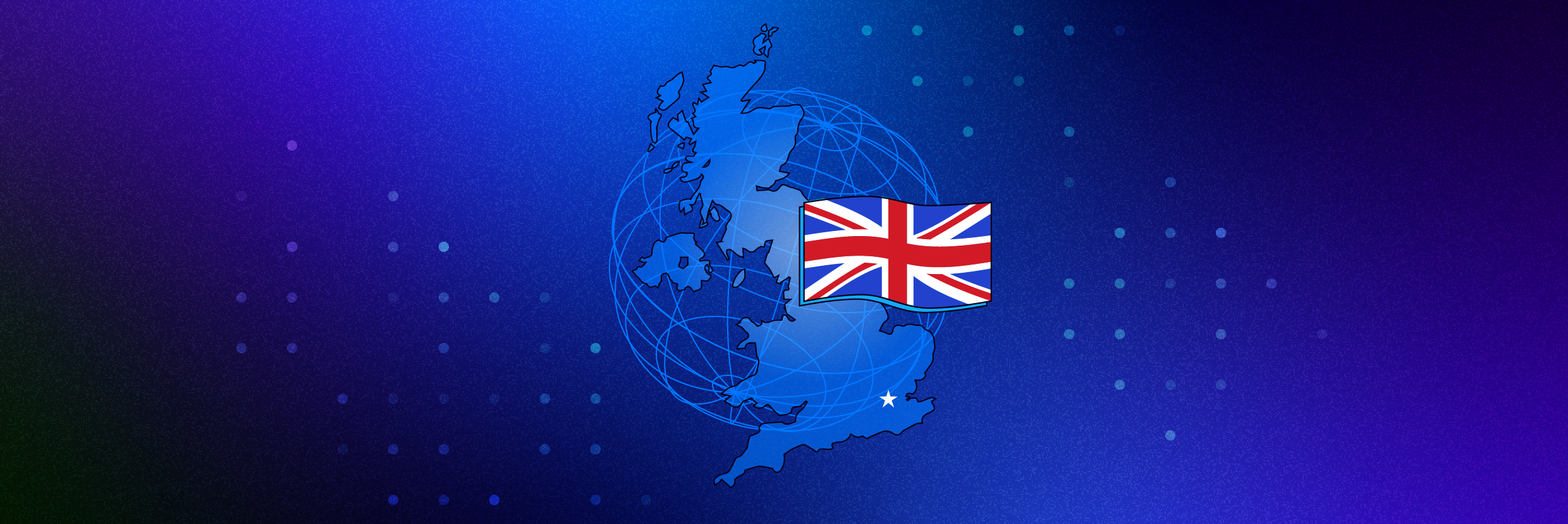 Illustration of a globe centered on the UK featuring the British flag.