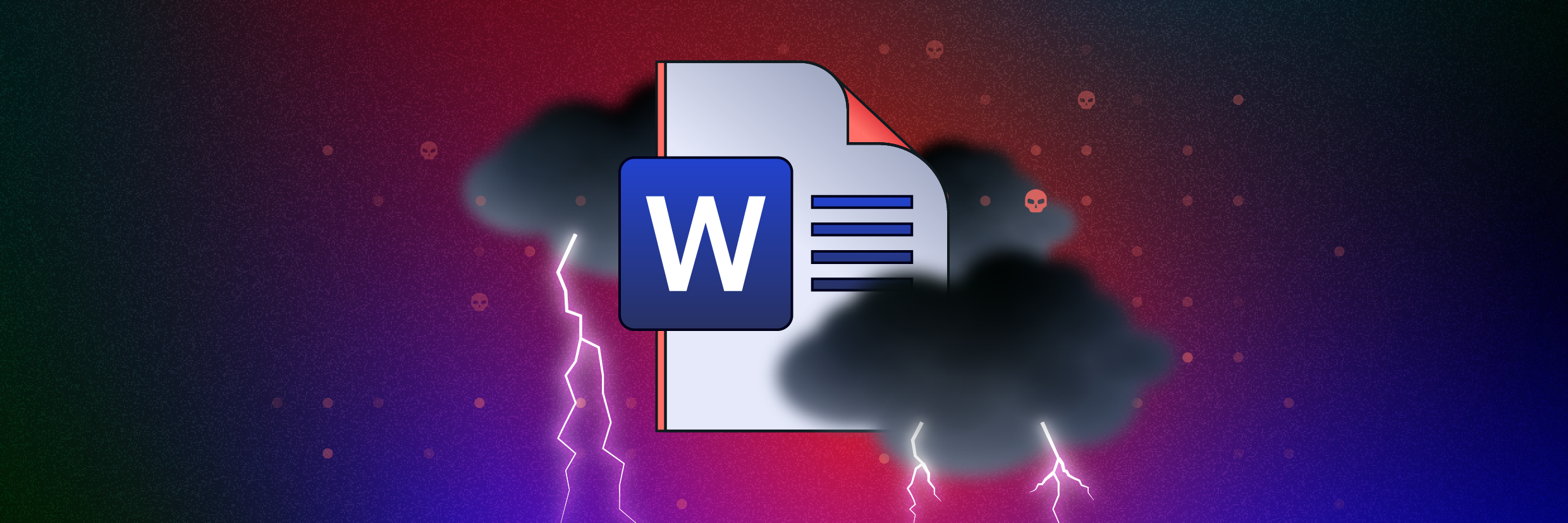 Microsoft-Word-Dokument, umgeben von Gewitterwolken