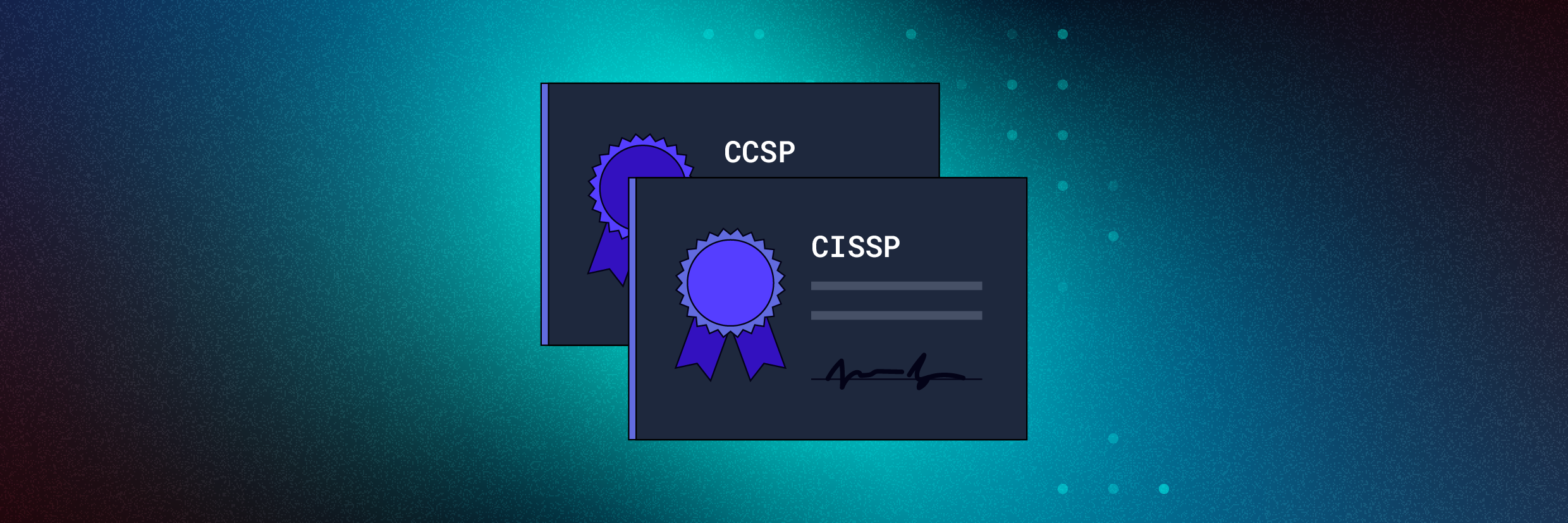 Two certifications shown on an aquamarine gradient background: One for CCSP and one for CISSP.